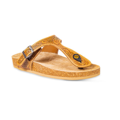 Myra Sadie Mesa Leather Slides for Women - Cushioned Cork Sole, Floral Tooled Finish for Everyday Elegance