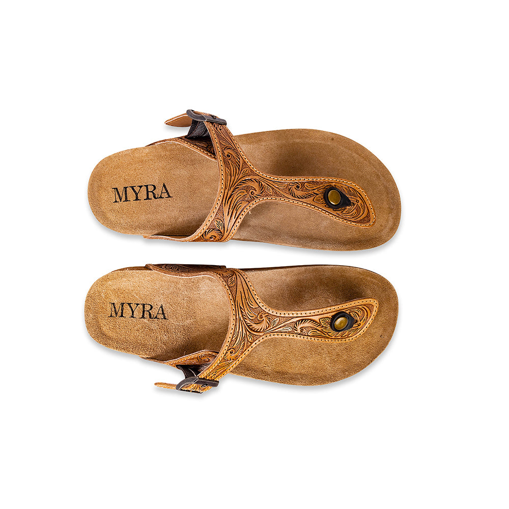 Myra Sadie Mesa Leather Slides for Women - Cushioned Cork Sole, Floral Tooled Finish for Everyday Elegance