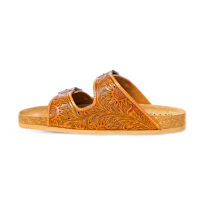 Myra Molly Megan Handtooled Leather Sandals - Easy Slip-on Dual Buckle Leather Flats for Women