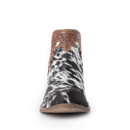 Myra Cassidy Trail Split-Top Leather Boots - Pointed Toe, Low Block Hairon Hide Heels for Ranch Adventures