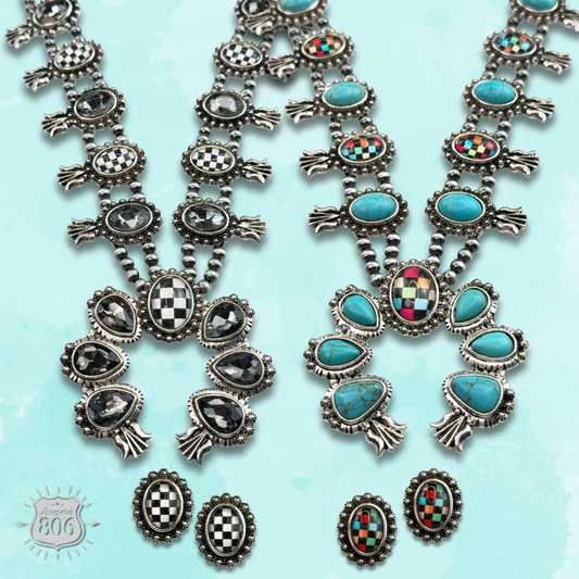 Checkerboard squash blossom necklace set