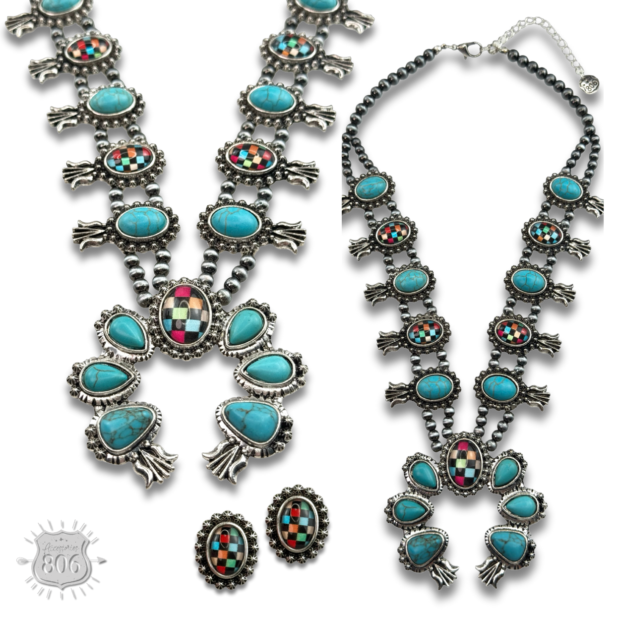 Checkerboard squash blossom necklace set