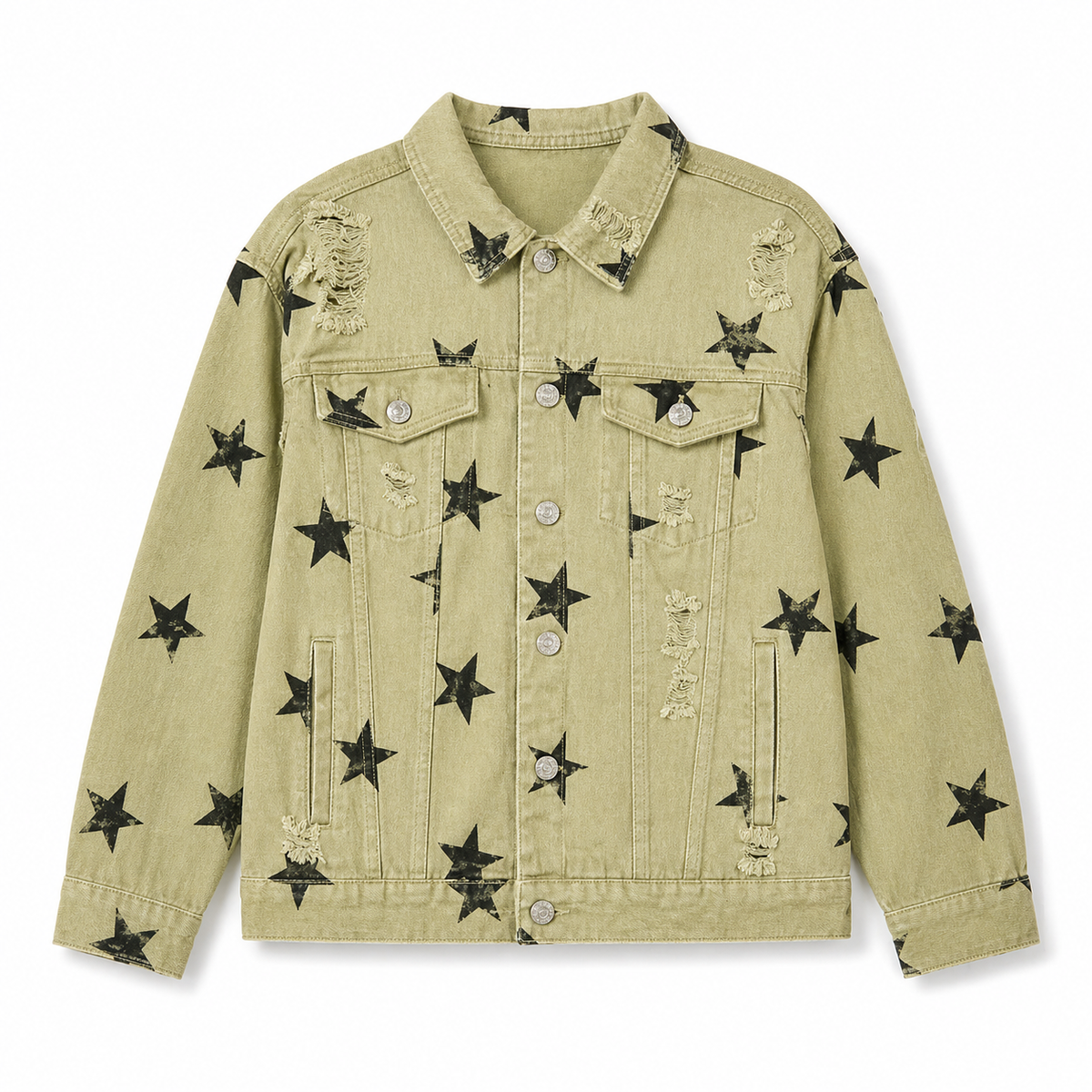 Olive Star Distressed Denim Jacket