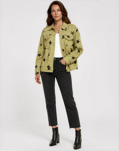 Olive Star Distressed Denim Jacket