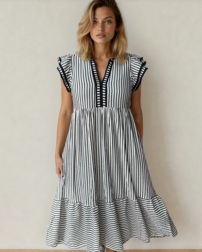 Nyla Double Ruffled Short Sleeve Contrast Trim V Neck Midi Dress - Black
