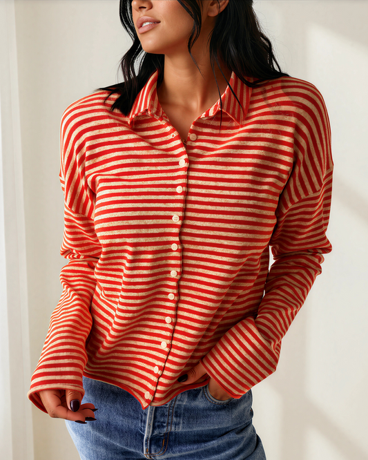 Amelia Striped Button Collar Long Sleeve Knit Cardigan