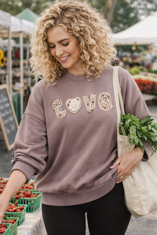 Boho "Love" Embellished Mineral Wash Sweatshirt