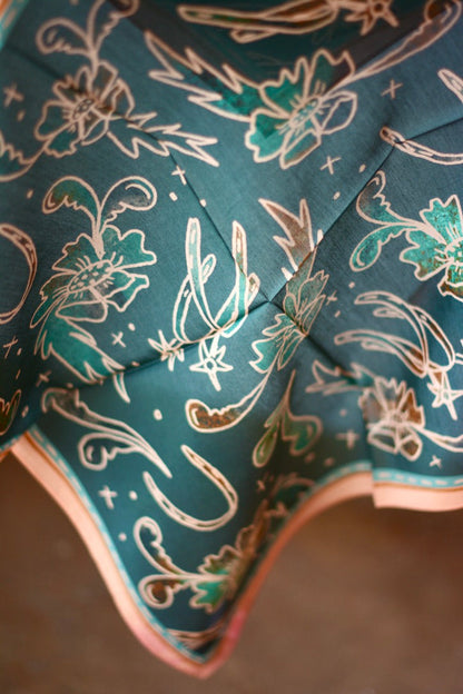 Western Silk Wild Rag Spurs and Floral Turquoise and Peach Scarf