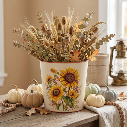 Fall Sunflowers & Berries Metal Bucket Container