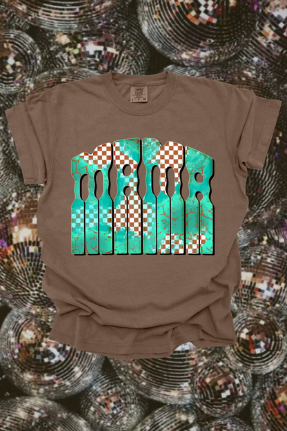 Turquoise Checkered Mama Graphic Tee