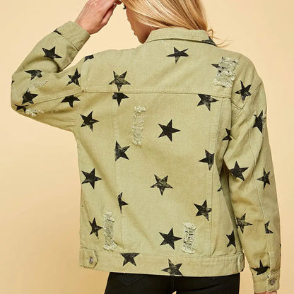 Olive Star Distressed Denim Jacket