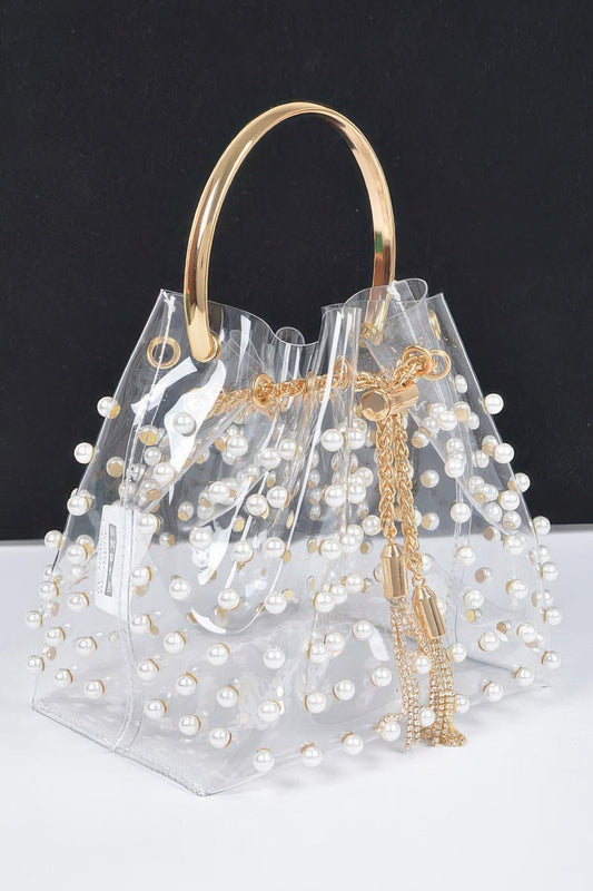 Clear Pearl Stud Bucket Bag W/chain Tassle