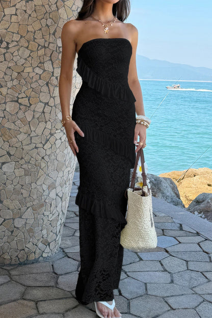 Solid Off Shoulder Bodycon Lace Maxi Dress