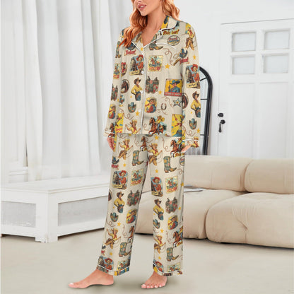 Baha Ranch Vintage Cowgirl Collage Western Rodeo Satin Pajamas