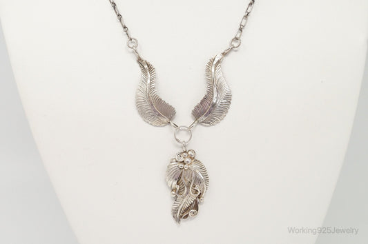 Vintage Native America F Handmade Feathers Design Sterling Silver Necklace