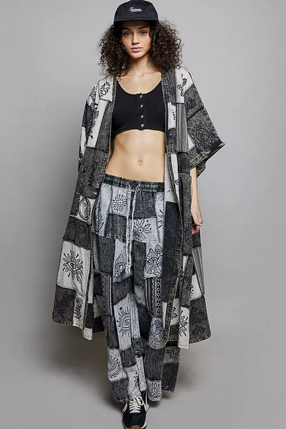 POL Open Front Printed Patchwork Longline Cardigan