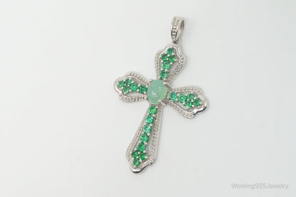 Vintage Green Chalcedony Green Cubic Zirconia Cross Sterling Silver Pendant
