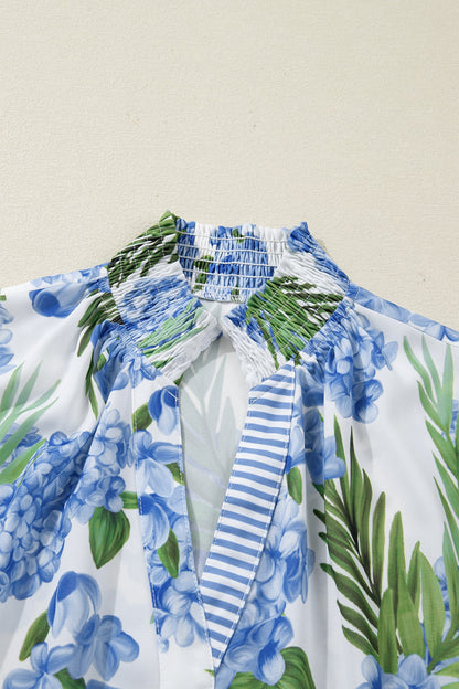 Sky Blue Palm Floral Print Striped Patchwork V Neck Short Sleeve Blouse