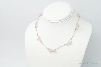 Vintage Rose Quartz Bead Sterling Silver Necklace