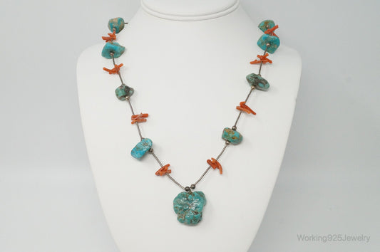 Vintage Native American Unsigned Turquoise Coral Sterling Silver Necklace