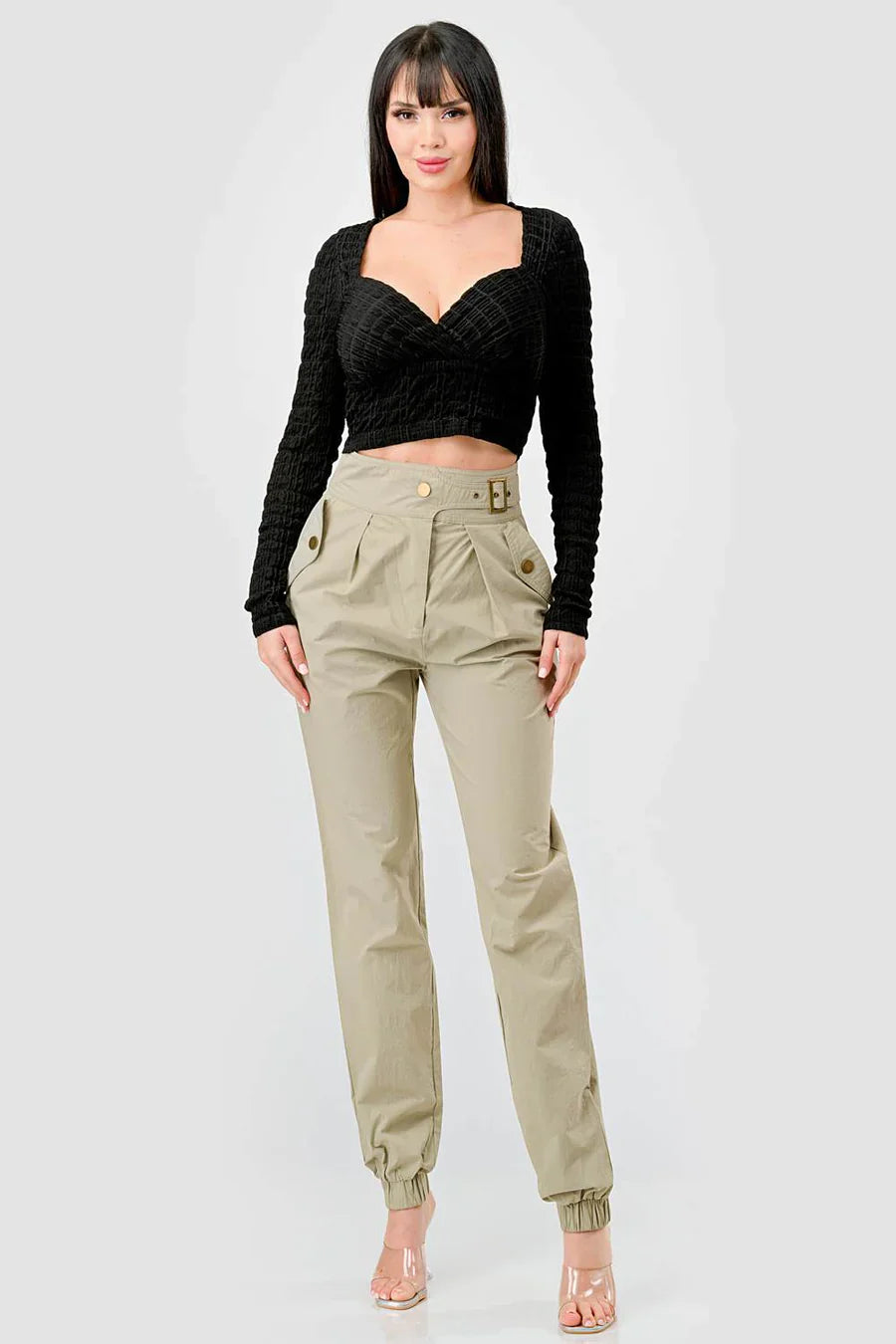 TEXTURED SWEETHEART LONG SLEEVES CROPPED TOP