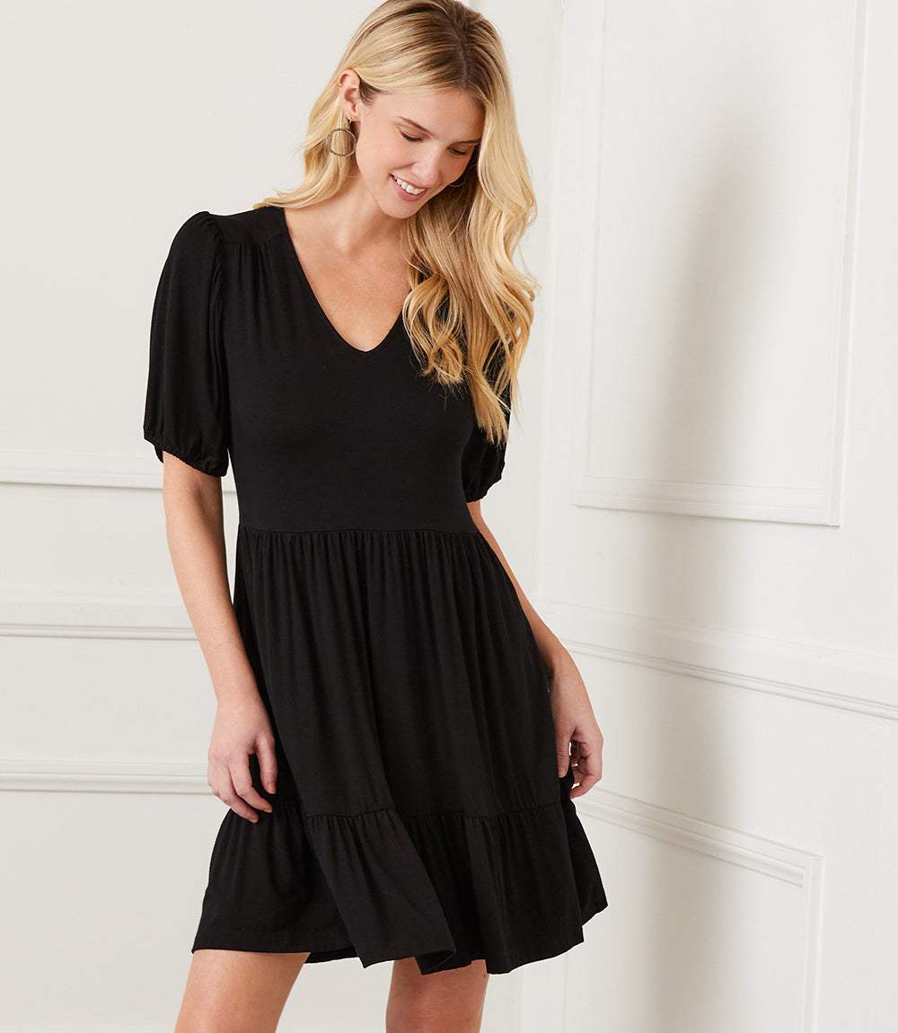 Petite Size Puff Sleeve Tiered Dress