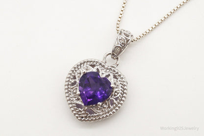 Vintage Amethyst Cubic Zirconia Heart Sterling Silver Necklace