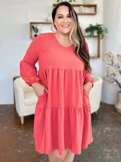 Garden Naked Women's Casual Dress Babydoll Tiered Dress with Pockets Long Sleeve Ruffle Hem Soft Cotton Blend Loose Fit