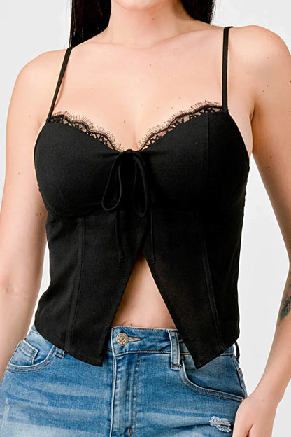 LUXE LACE TRIM SWEETHEART DRAWSTRING BOW ZIPPER CLOSURE BACK CAMI TOP