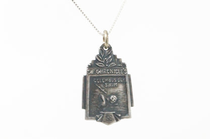 Vintage Antique 1938 Columbus Day Swim Sterling Silver Necklace Pendant