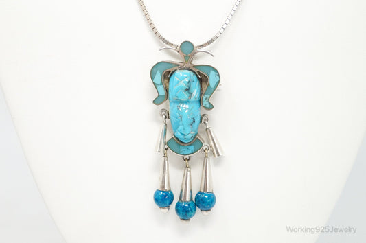 Vintage Mexico Handmade Turquoise Warrior Sterling Silver Necklace Brooch