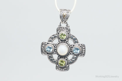 Vintage Designer BA Suarti 18K Gold Multi Gem Sterling Silver Necklace Pendant