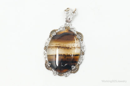 Antique Large Montana Agate Sterling Silver Necklace Pendant