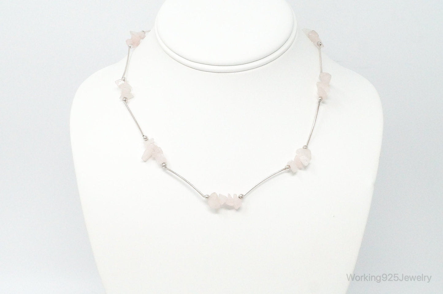 Vintage Rose Quartz Bead Sterling Silver Necklace