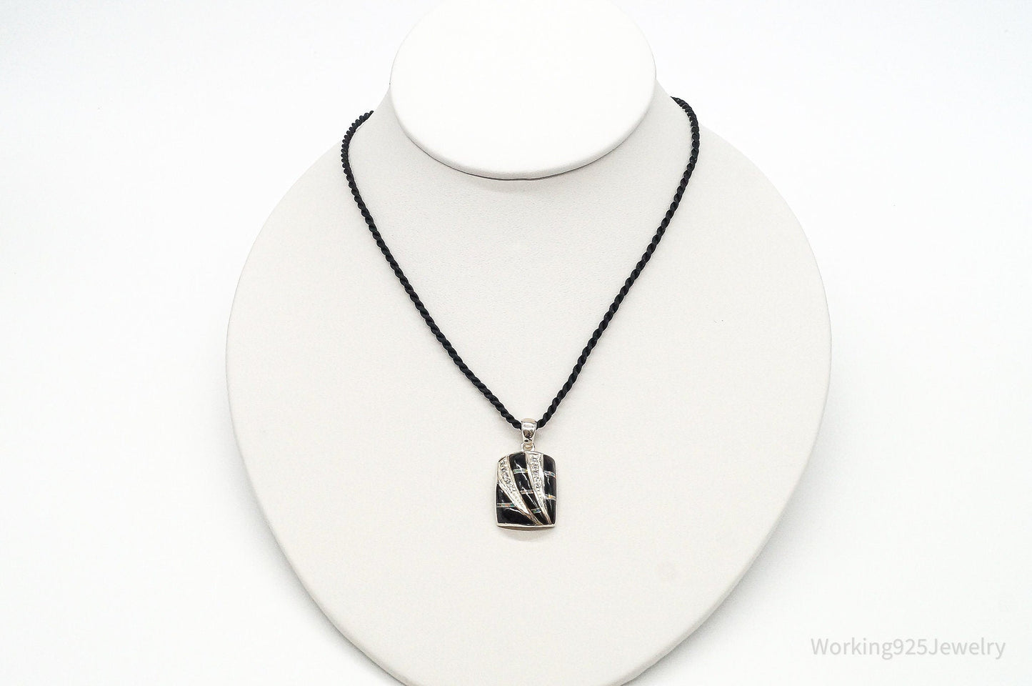 Vintage ROX Opal Cubic Zirconia Black Onyx Sterling Silver Necklace