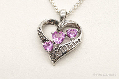 Vintage Pink Topaz Two Diamond Heart Mom Sterling Silver Necklace