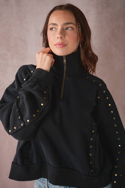 Studded Half-Zip Sweatshirt Black & Cream