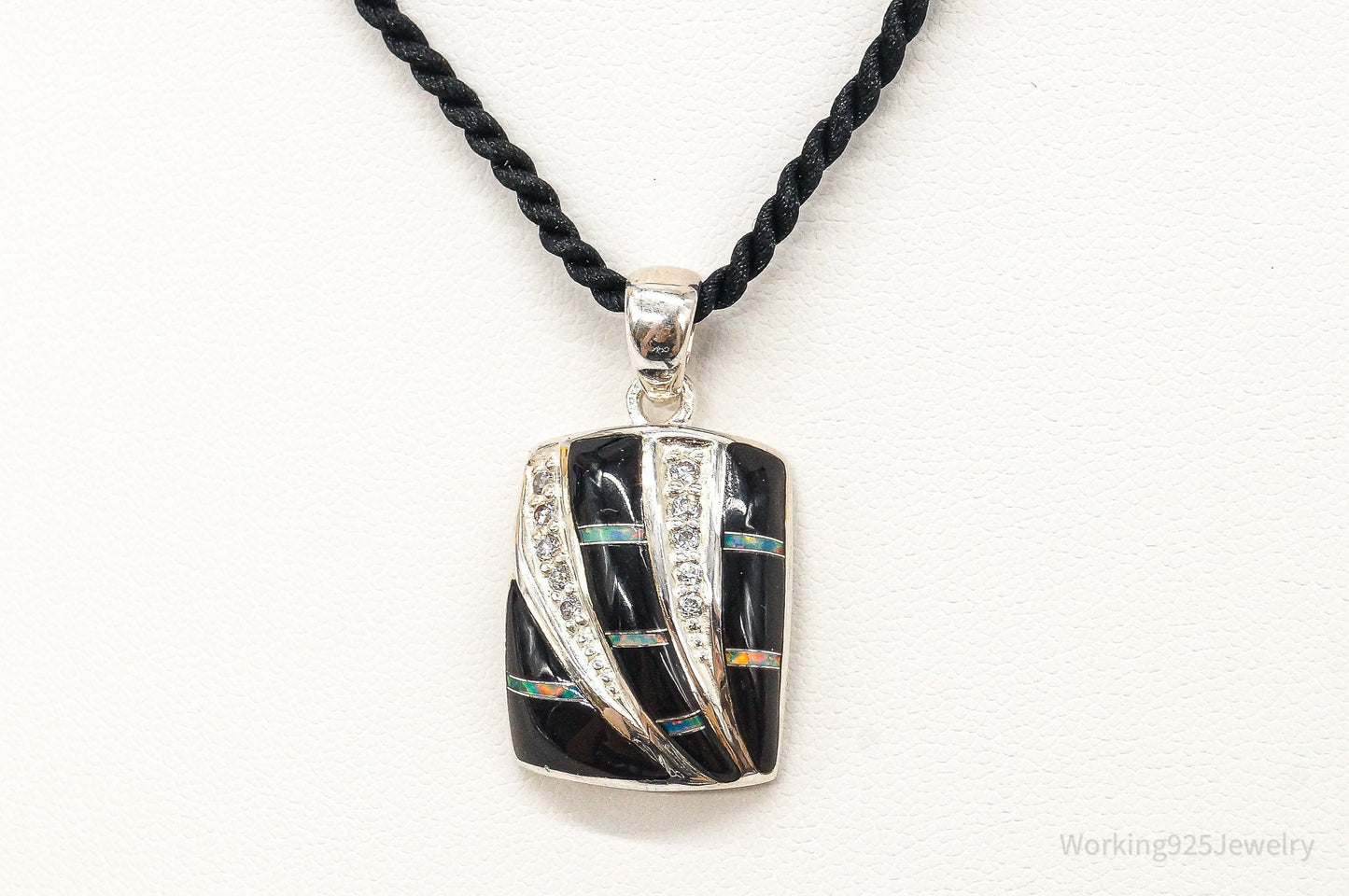 Vintage ROX Opal Cubic Zirconia Black Onyx Sterling Silver Necklace