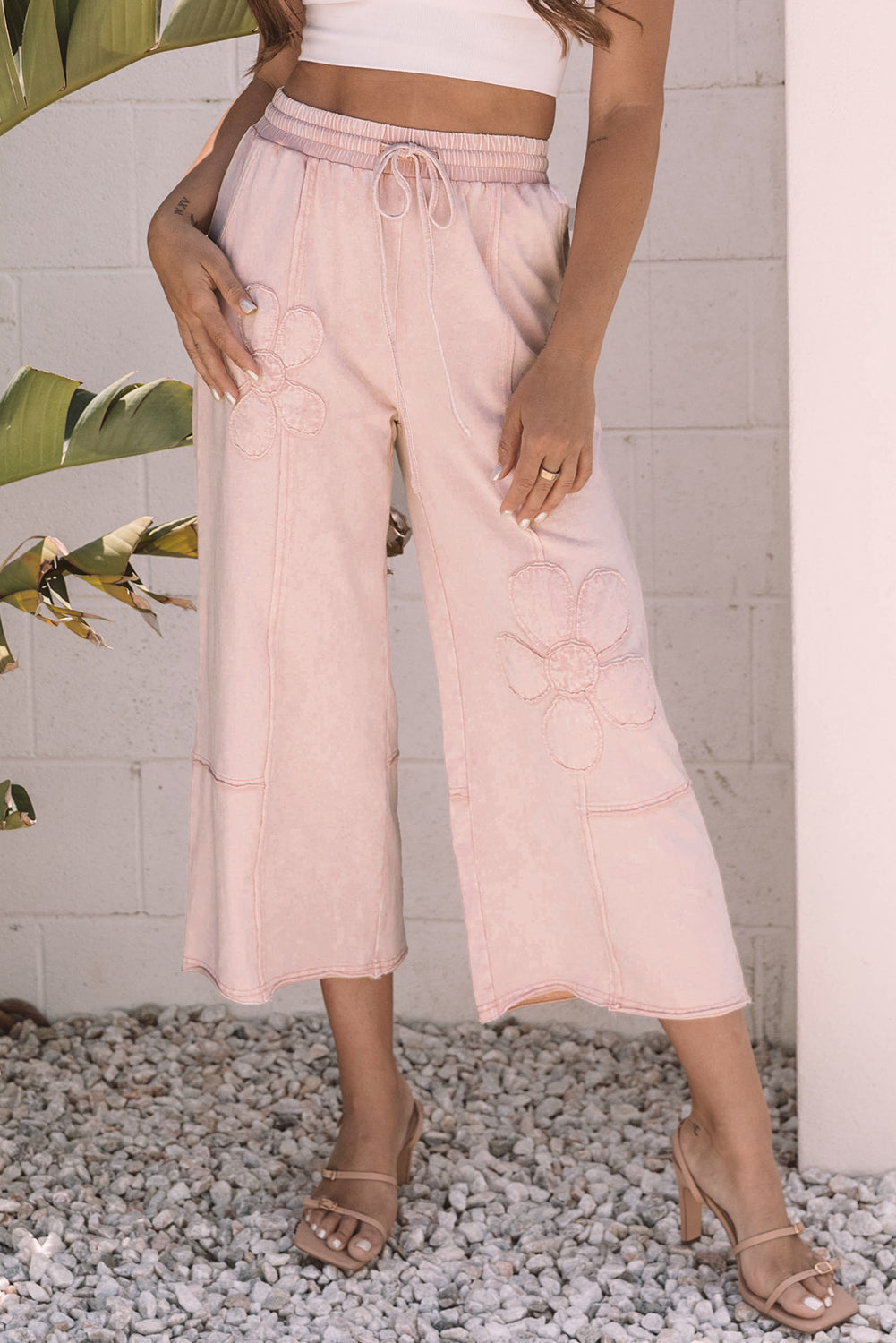 Gabriella Mineral Washed Terry Knit Cropped Wide Leg Pants