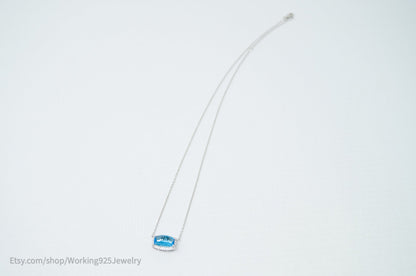 Vintage Art Deco Style Checkerboard Blue Topaz CZ Sterling Silver Necklace