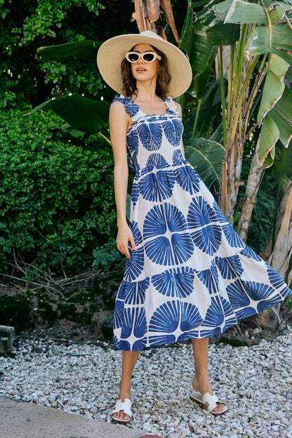 SO ME Abstract Print Smocked Bodice Tiered Lined Midi Dress