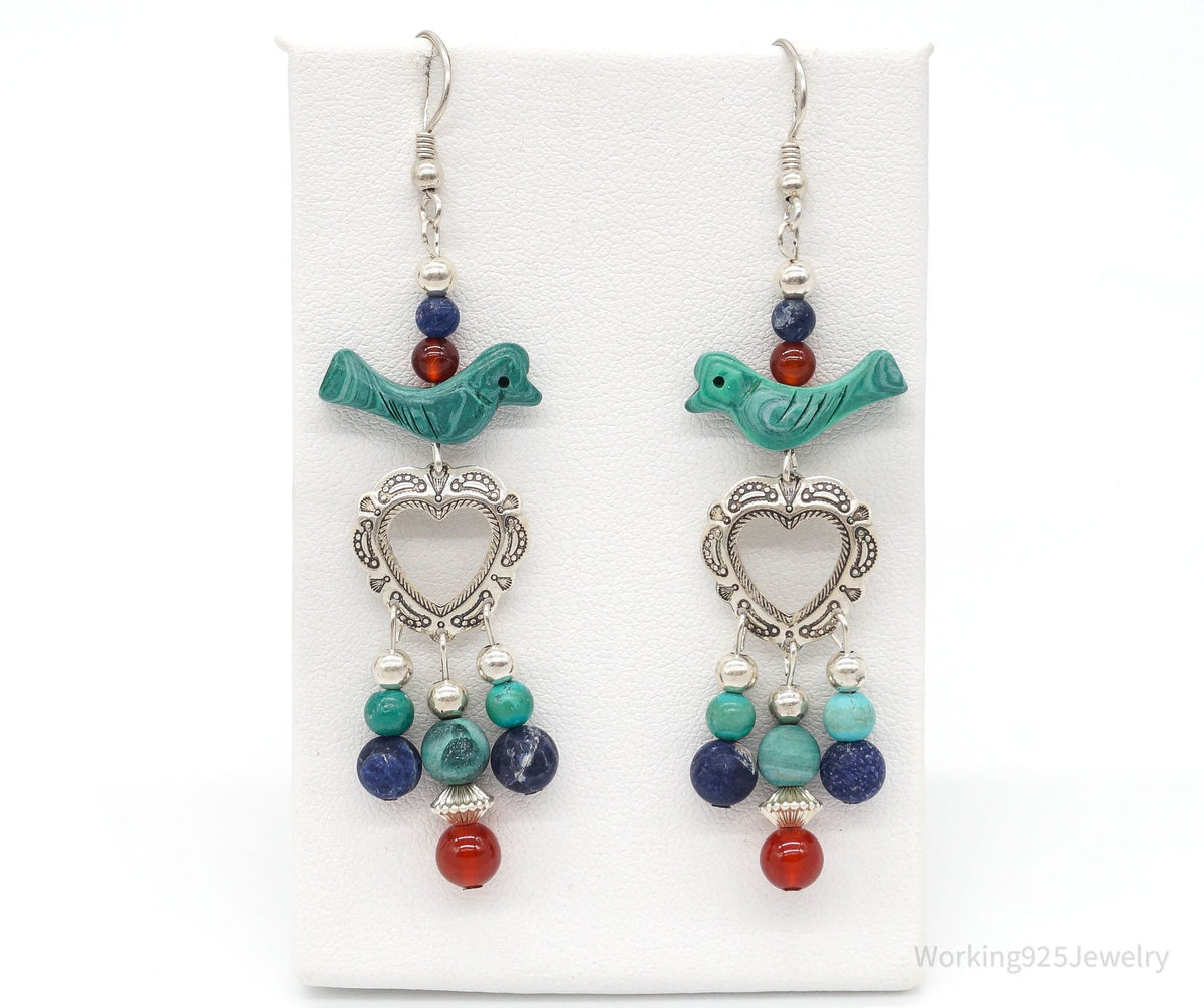 Vintage Native American QT Quoc Multi Gemstone Bead Sterling Silver Earrings
