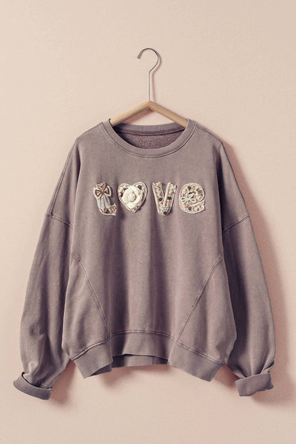 Boho "Love" Embellished Mineral Wash Sweatshirt