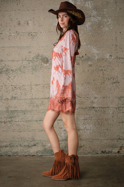 Western Horse Print Satin Lace Dress