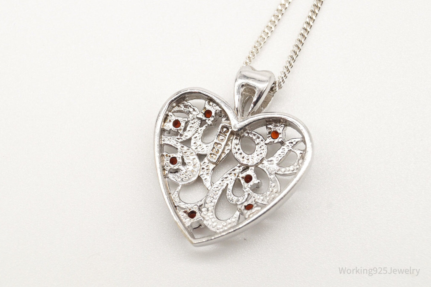 Vintage Garnet Heart Sterling Silver Necklace