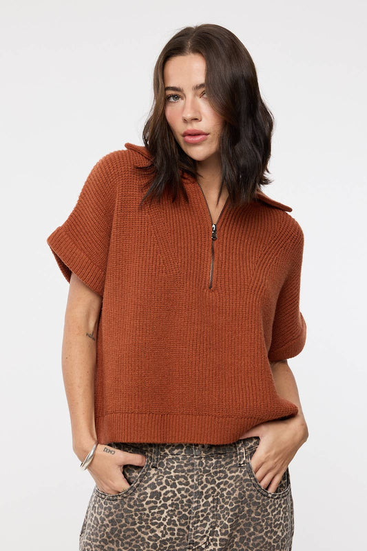 Wishlist Apparel Rust Half-Zip Pullover Western Sweater — Short Sleeve with Classic Collar Relaxed Fit