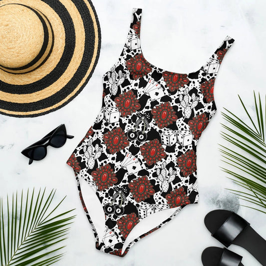 Red Turquoise Western Icon One-Piece Swimsuit
