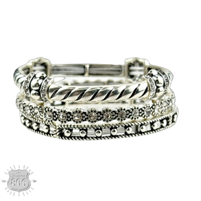 Three piece rhinestone and silver bracelet set