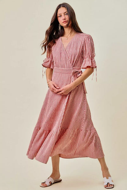 SO ME Stripe Textured Short Sleeves Lined Wrap Midi Dress