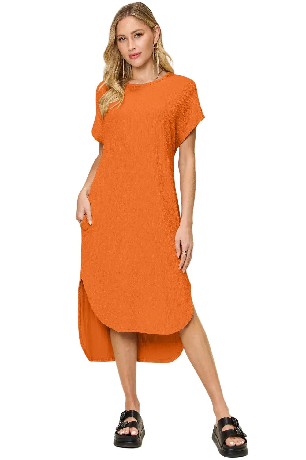 Garden Naked Women's Casual Dress Loose-Fit Round Neck Short Sleeve Slit Solid Color Midi Dress Blue Textured